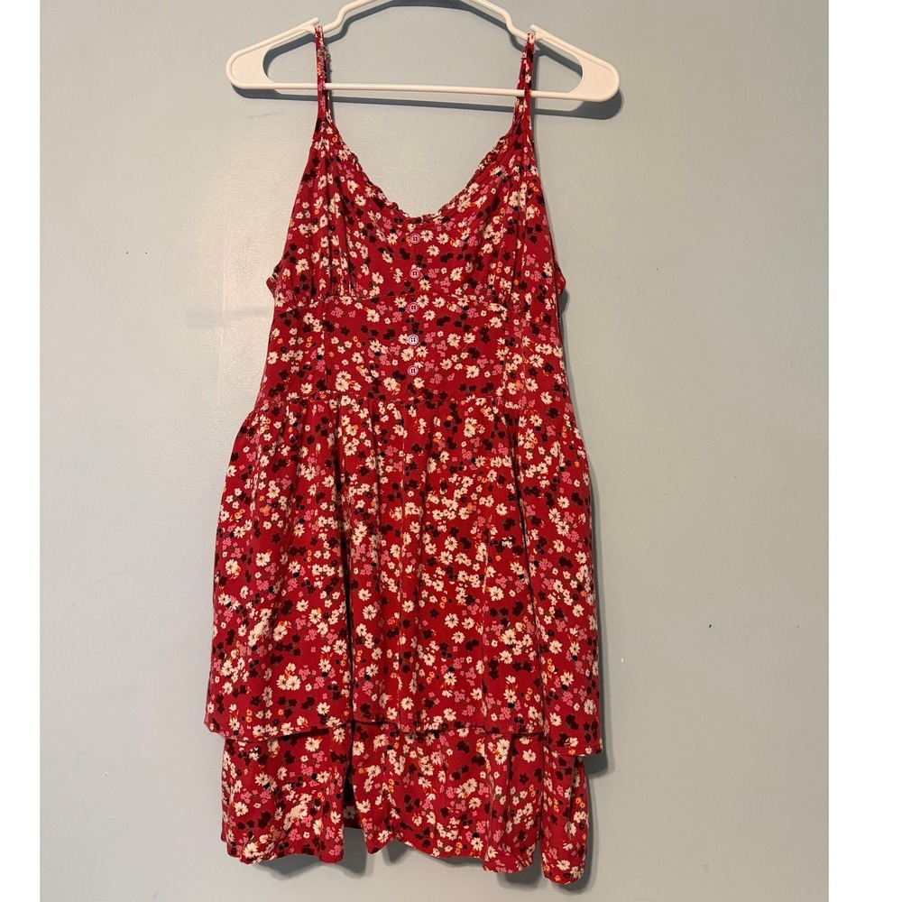 No Boundaries XXL 20 Red Floral Tiered Mini Dress Smocked Spaghetti Strap 2136
